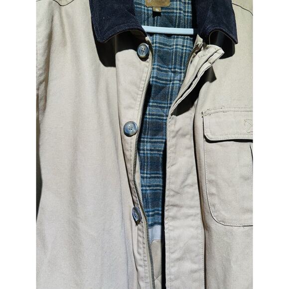 ST JOHNS BAY Men's XL Canvas Tan Flannel Lined Barn Chore Coat Leather Collar - Picture 8 of 15